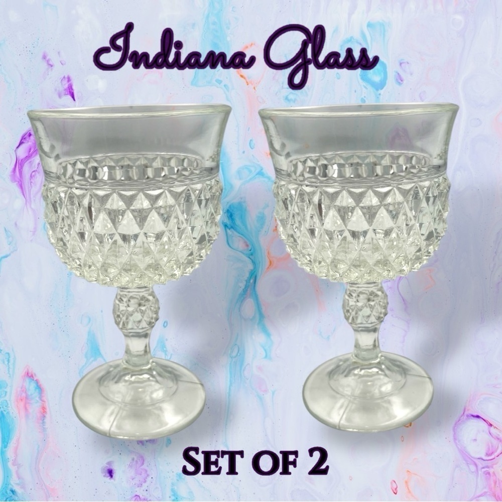Diamond Point Clear by INDIANA GLASS Set of 2 Small Wine Glasses, Mid Century